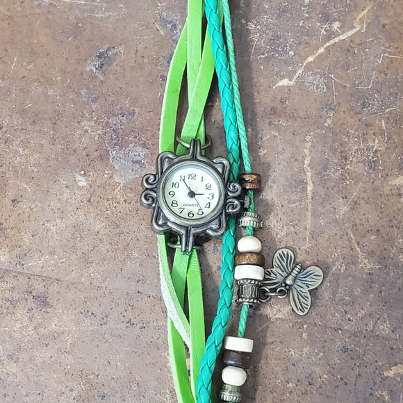 Beaded Bracelet Boho Watch - Butterfly Charm - Green - Picture 9 of 9
